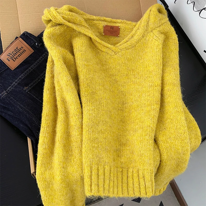

Korean Sle Casual Loose Fit Hooded Knit Sweater Women's Autumn Winter Comfortable Relaxing Feelings Leisure Versatile Overh...