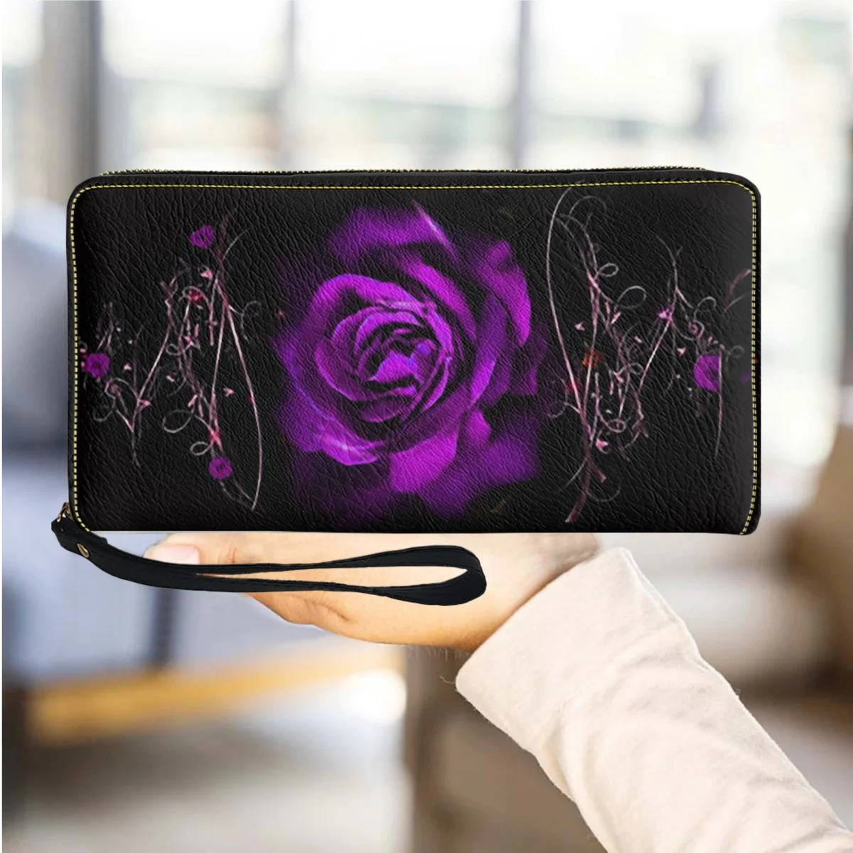 

Gothic Rose Purple Women's Wallets PU Leather Luxury Female Purse Zipper Slim Casual Girls Card Holder Multifunction Coin Bags