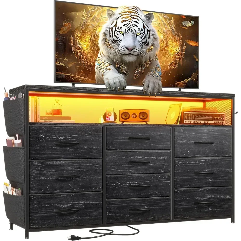

Dresser TV Stand for 55' Bedroom with 10 Drawers LED Lights Power Outlets Wide Dresser Stand