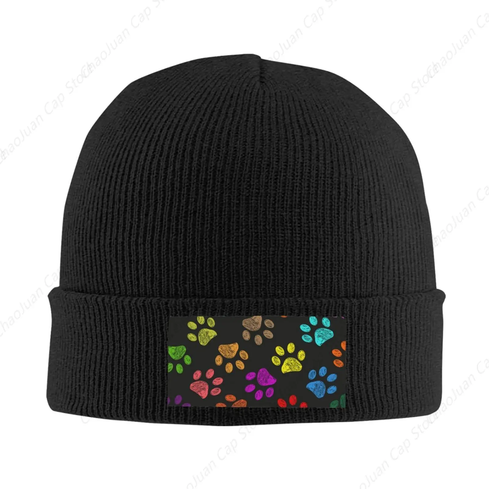 Topi Rajut Slouchy Motif Jejak Kaki Anjing Lucu untuk Wanita Pria, Topi Hangat Lembut Musim Dingin, Topi Beanie Rajut Motif Hewan
