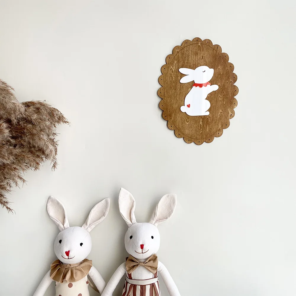 Wooden Rabbit Wall Decoration Board, Vintage Lace Decorative Wall Stickers, Home Wall Decoration - Photo Props, Suitable as a Gift