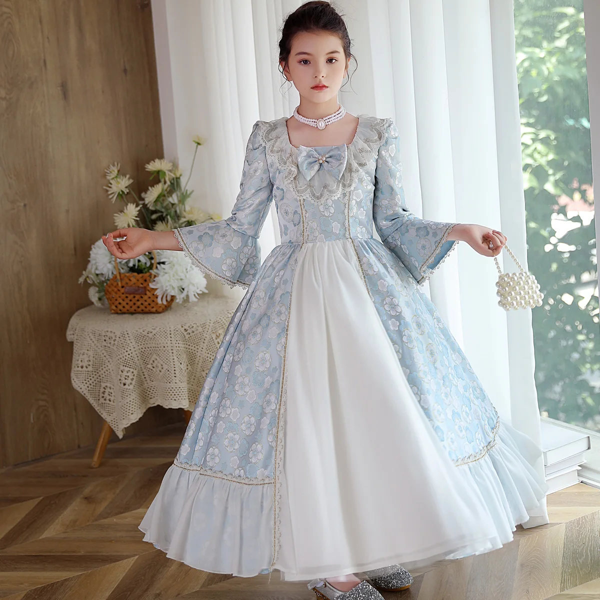rococo dresses Marie Antoinette Rococo Style Dress in Blue and Ivory with Layered Skirt and Lace Bell Sleeves  Baroque Ball Gown Plus Size Size 8 / Light Blue