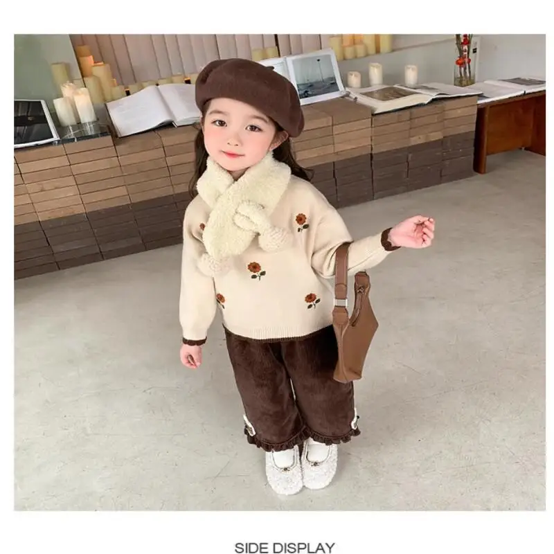 

Осенне-зимний вязаный свитер для девочек, пуловер, стильный повседневный теплый топ с цветочной вышивкой и лесом