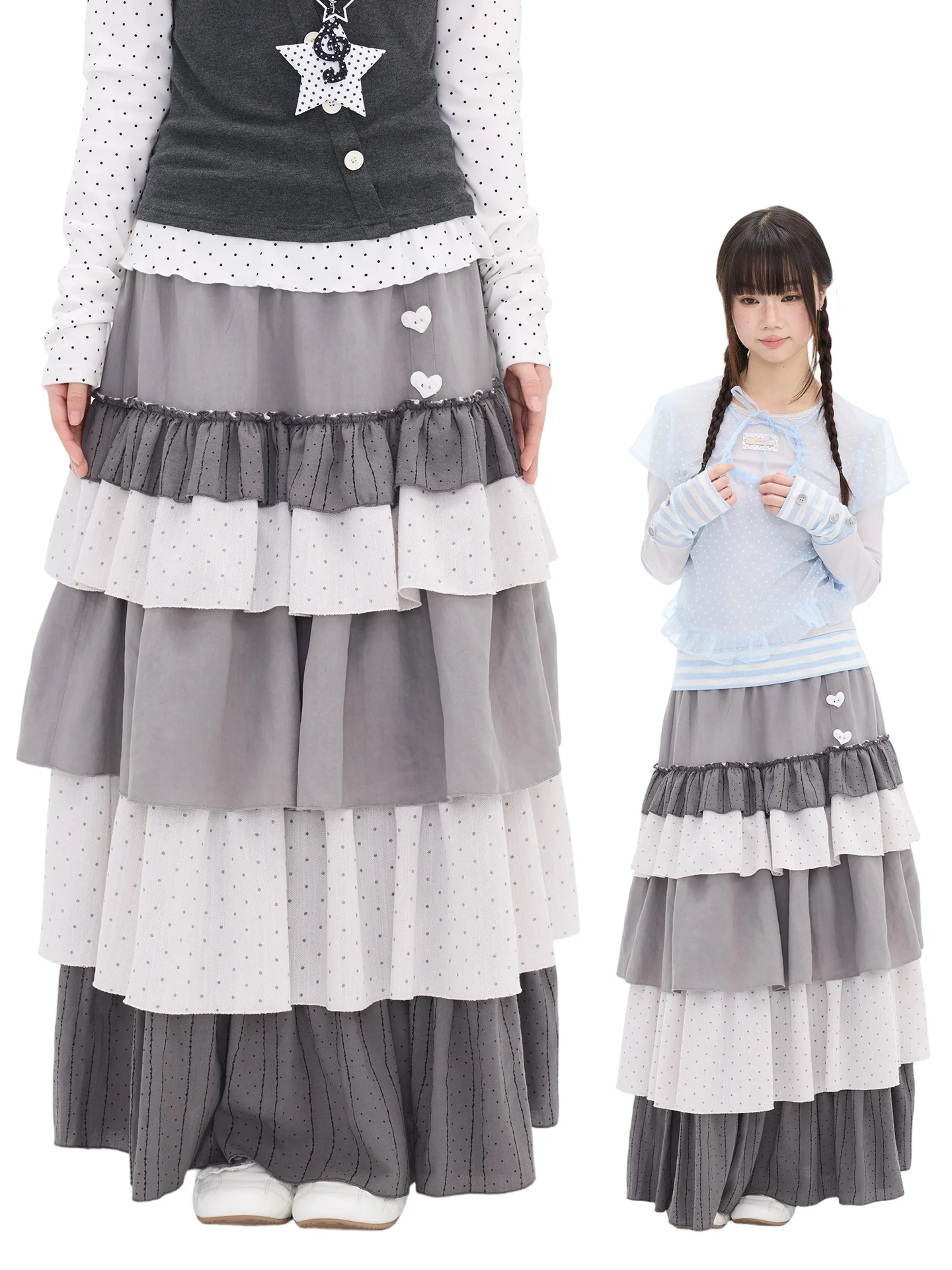 

MOMSAYCAN Spring New Heavy Work Polka Dot Patchwork Thousand Layer Cake Long Skirt Cute Sle High Waist Gown for Girls