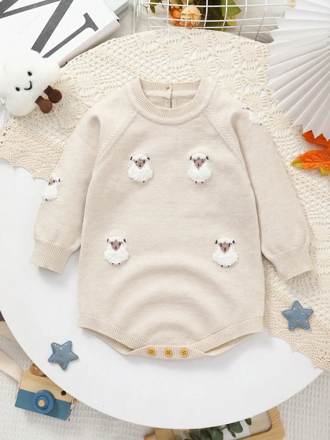 Knitted Round-Neck Long-Sleeve Triangle Romper with Lamb Embroidery for Baby Boys and Girls