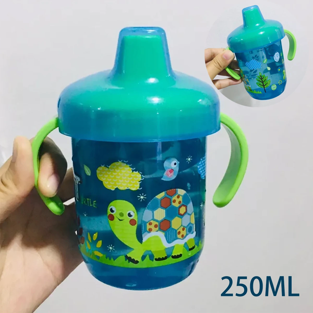 250ML wide caliber baby duckbill cup, milk cup with handle dust cover, preferably made of PP material, drop resistant, BPA free