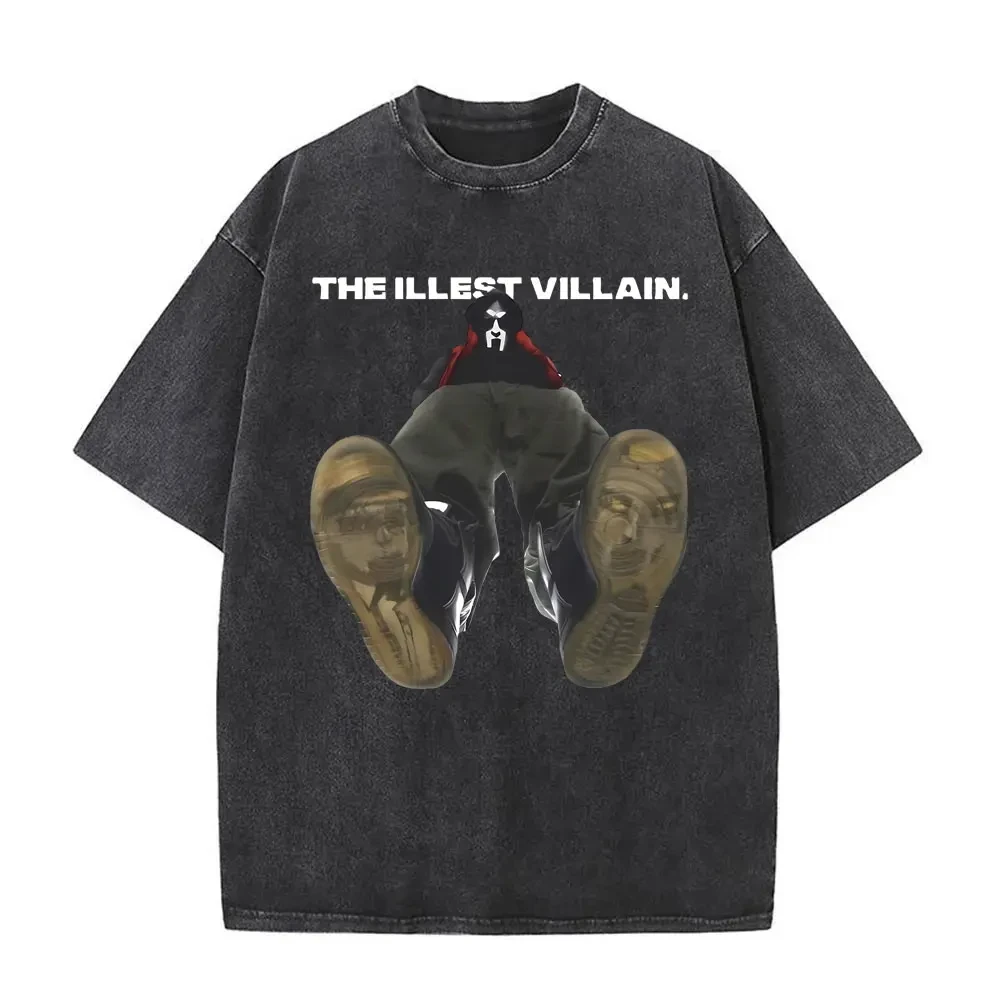 Washed Vintage Rapper Mf Doom The Illest Villain Print T-shirt Madvillain Metal Mask Face T Shirts Men Hip Hop Oversized Tshirt