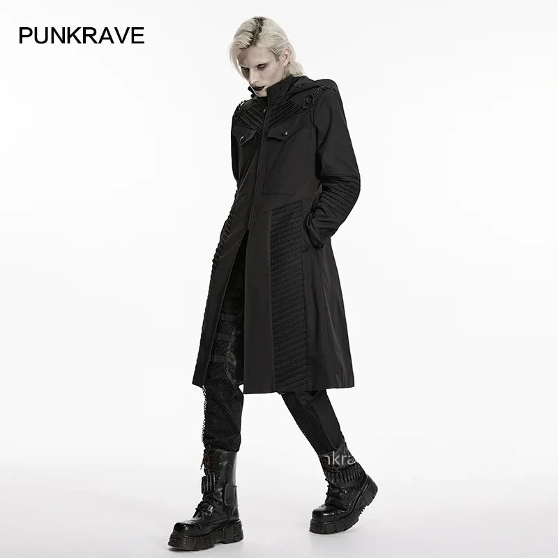 PUNK RAVE Men's Dark Twill Non-elastic Pressed Strips Functional Jacket Geometric Structures Lines Party Club Long Coat