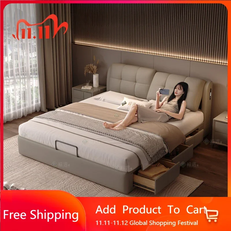 

B auty Adults Storage Double Bed Modern Luxury Loft Space Saving Double Bed Frame Vintage European Cama Entrance Hall Furniture