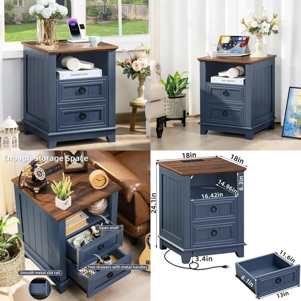 fluted nightstand set of 2 with charging station, black led nightstand with 2 drawers and open storage cubby, modern bedside ta