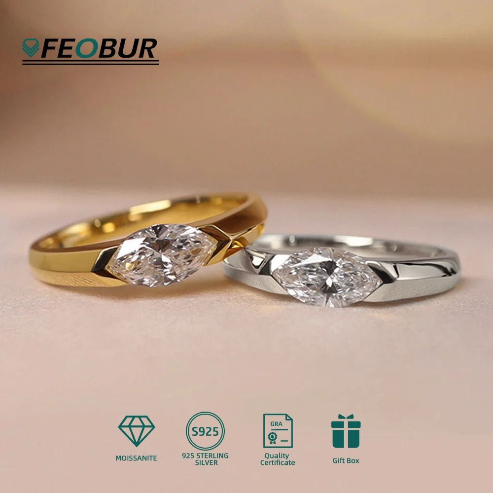 

FEOBUR 1ct Marquise Moissanite Rings East West Setting S925 Silver Plated 18k Gold Solitaire Engagement Wedding Band for Women