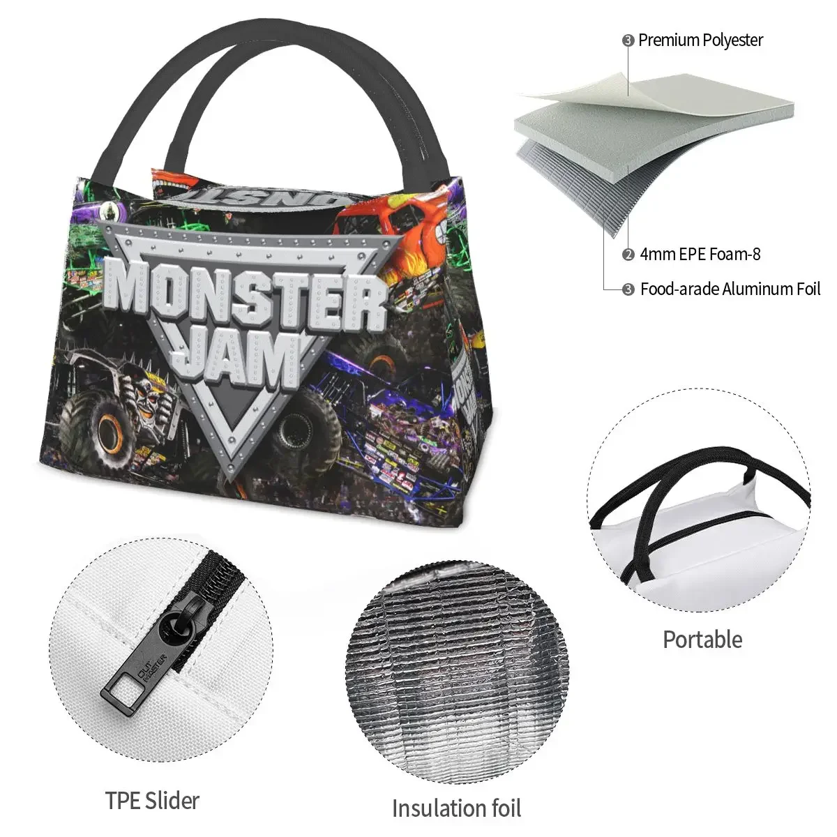 Classic Monster Jam Pattern Lunch Bags isolato Bento Box impermeabile Lunch Tote Picnic Bags borsa termica più fresca per donna bambini