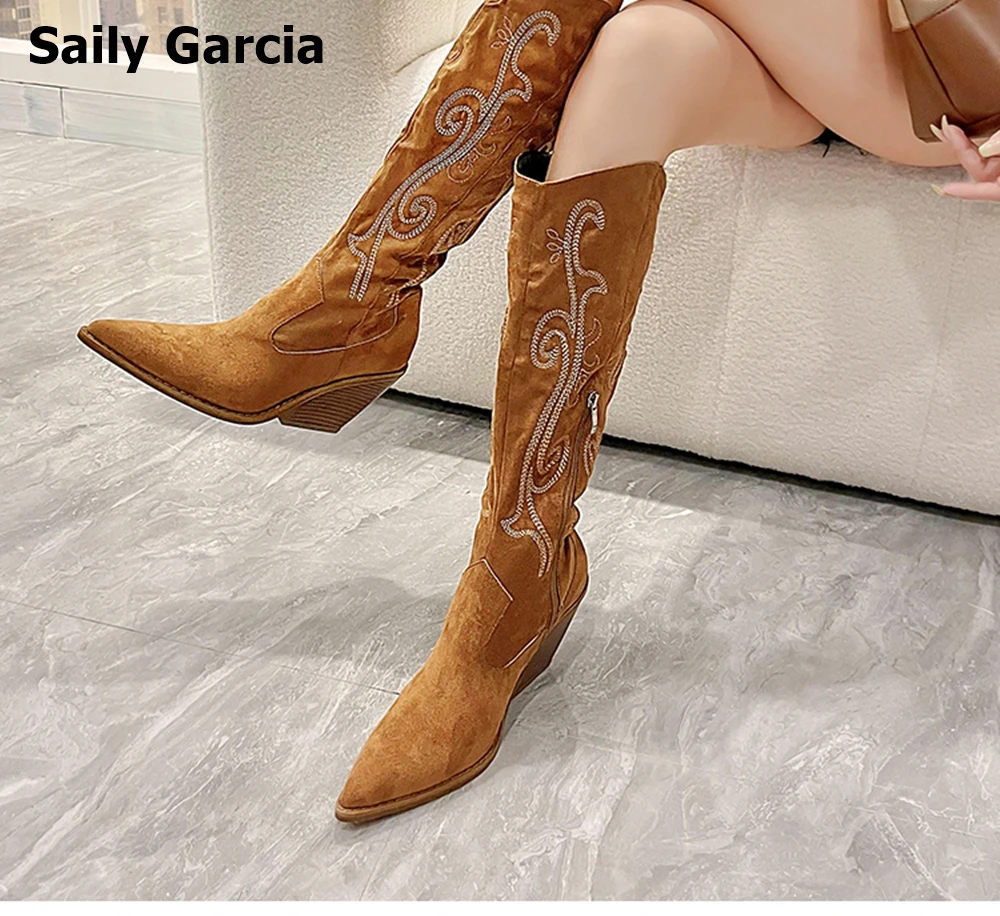 

Retro Brown Kid Suede Embroidered High boots Point Toe Square Heels Cowboy Boots 2023 Fall/Wiinter Knee High Women Modren Boots