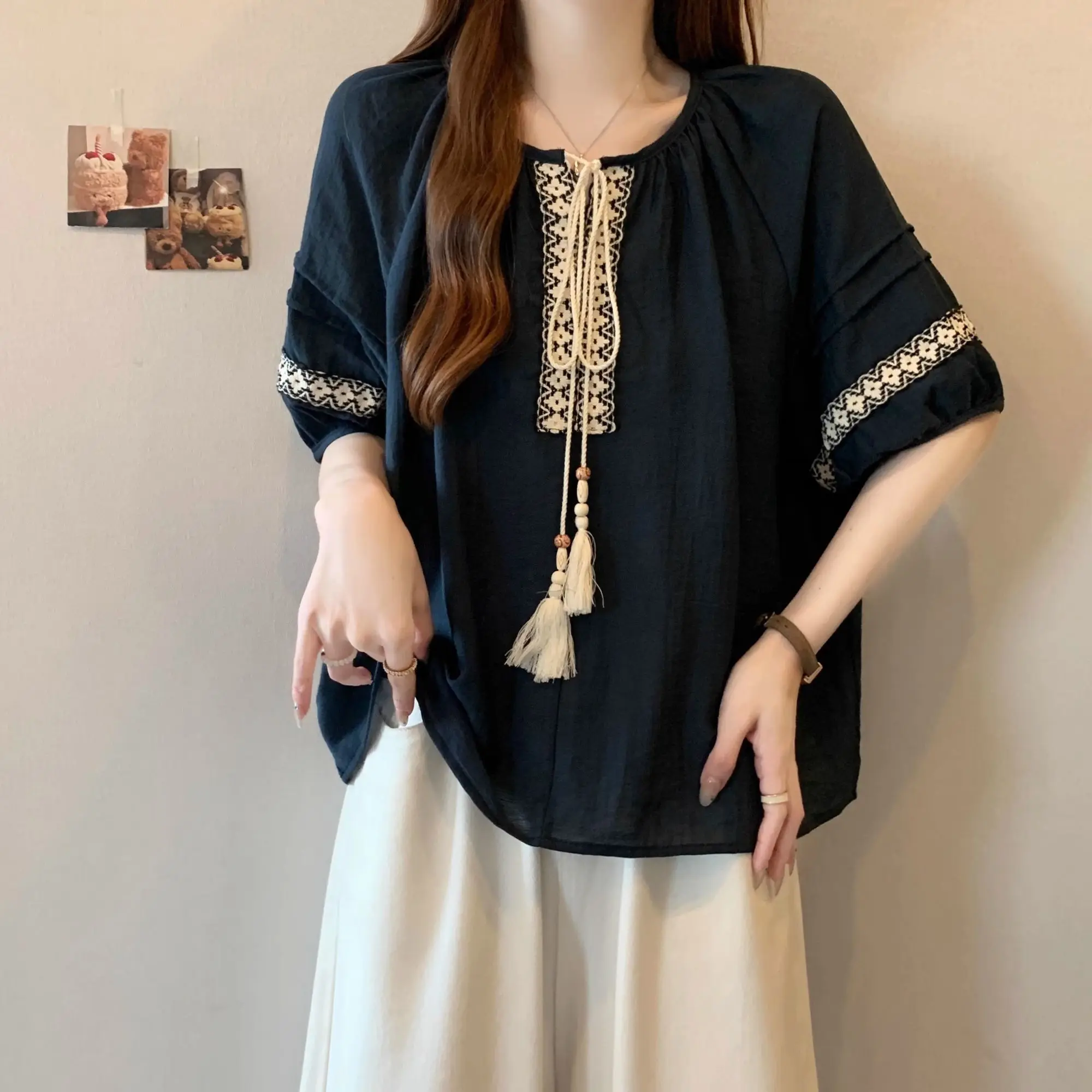 

Ethnic Style Short Sleeve Shirt New Summer Model Round Neck with Tie Literary and Retro Loose Top