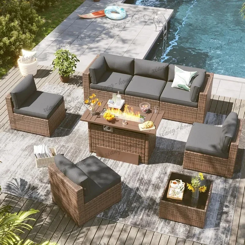 FG High Quality 8 Piece Outdoor Patio Furniture Set, 44 Inch Fire Pit Table with 4 Inch Thickened Cushions