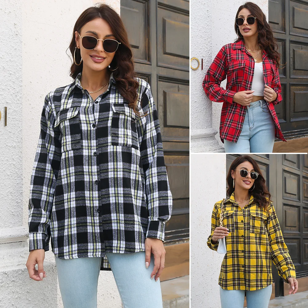

Plaid shirt sanding long sleeve long loose shirt blouse new ins new European and American women's clothing