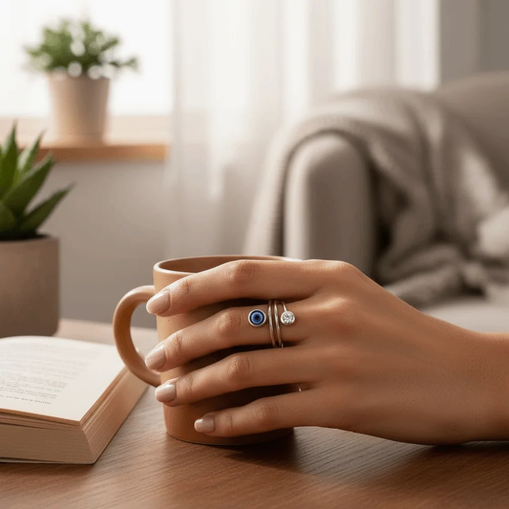 Trendy Silver Color Double Blue Eye Ring Zircon Minimalist Twisted Rings Open Ring Lucky Adjustable Finger Jewelry Festival