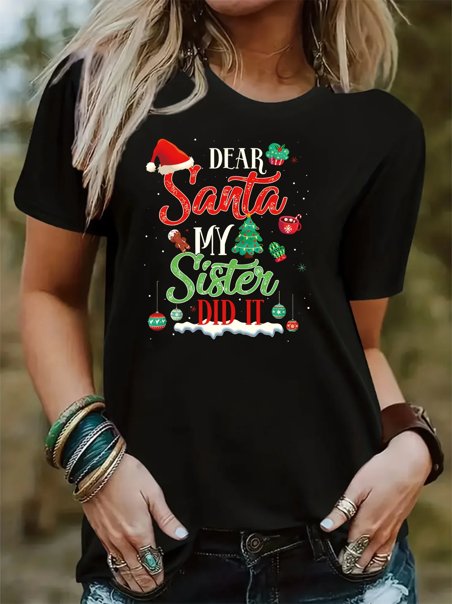 T-Shirt imprimé Gnome de noël pour femmes, col rond, avec Gnome festif, imprimé joyeux noël, t-shirts à manches courtes