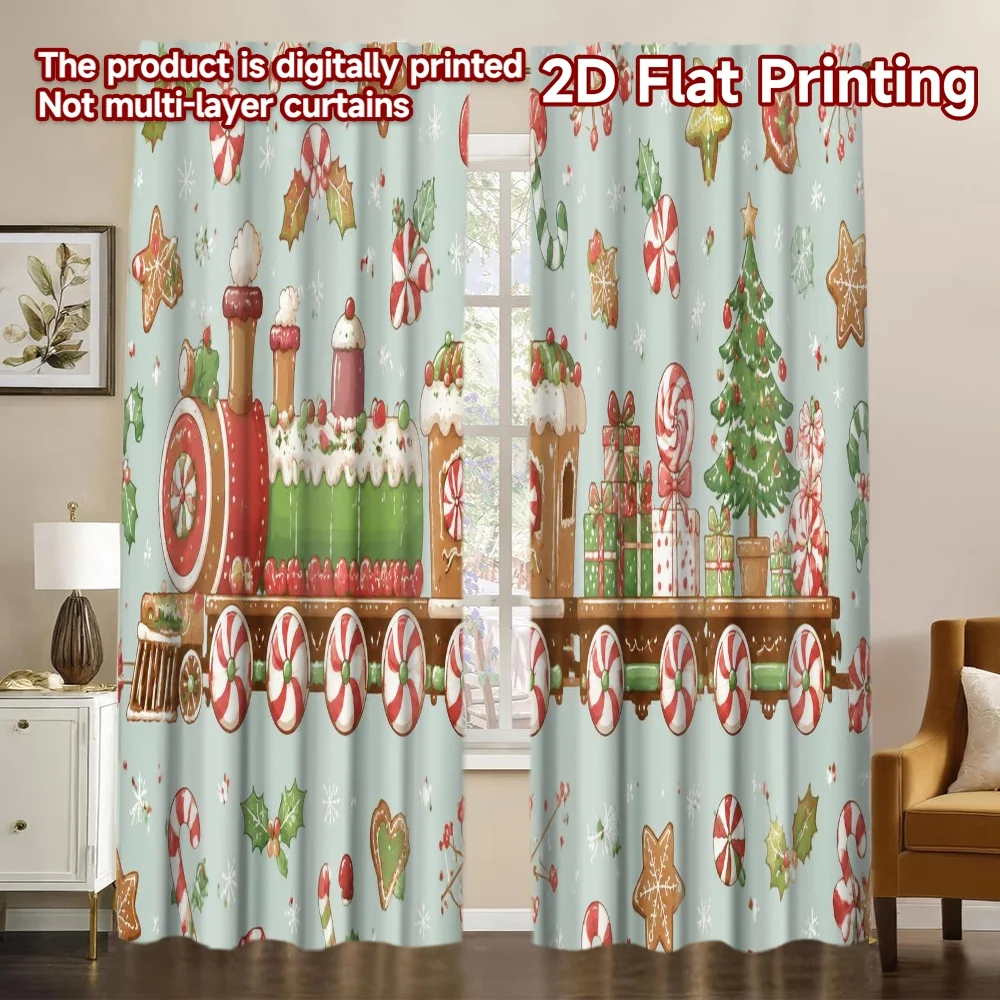 2D FLAT PRINTING 2pcs Curtains (Without Rod) Christmas Gingerbread Train Popular Light Filtering Curtains Durable Polyester