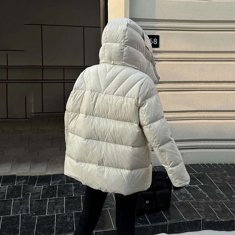 Winter Mit Kapuze Mittlere Länge Puff Unten Jacke Frauen Weiße Ente Unten Zipper Parker Wasserdichte Outwears Weibliche Verdicken Warme Jacken