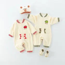 Newborn Boys Jumpsuit Spring Autumn Striped Single Breasted Cartoon Dinosaur Letter Infant Boys Romper Cotton Baby Boys Bodysuit