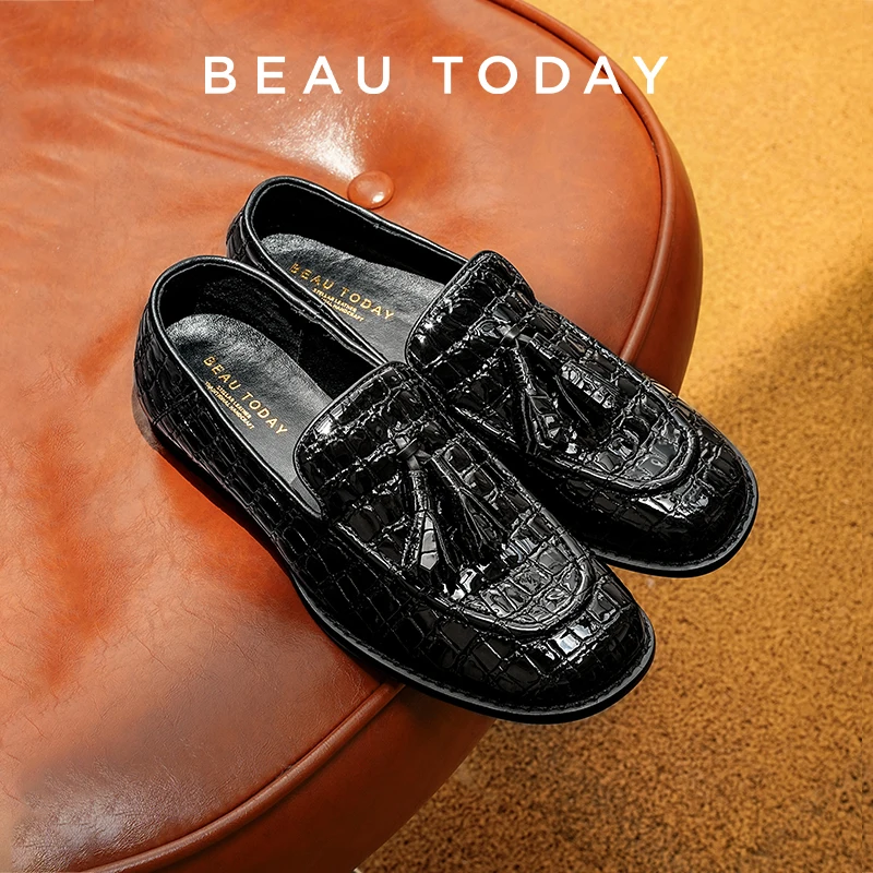 

BEAUTODAY Fringe Loafers Women Genuine Cow Leather Stone Pattern Round Toe Sewing Flats Slip-on Ladies Shoes Handmade 26302