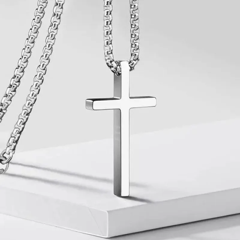 yyhcSterling silver glossy silver cross pendant men's necklace trendy brand versatile simple cold wind couple style for boyfrien