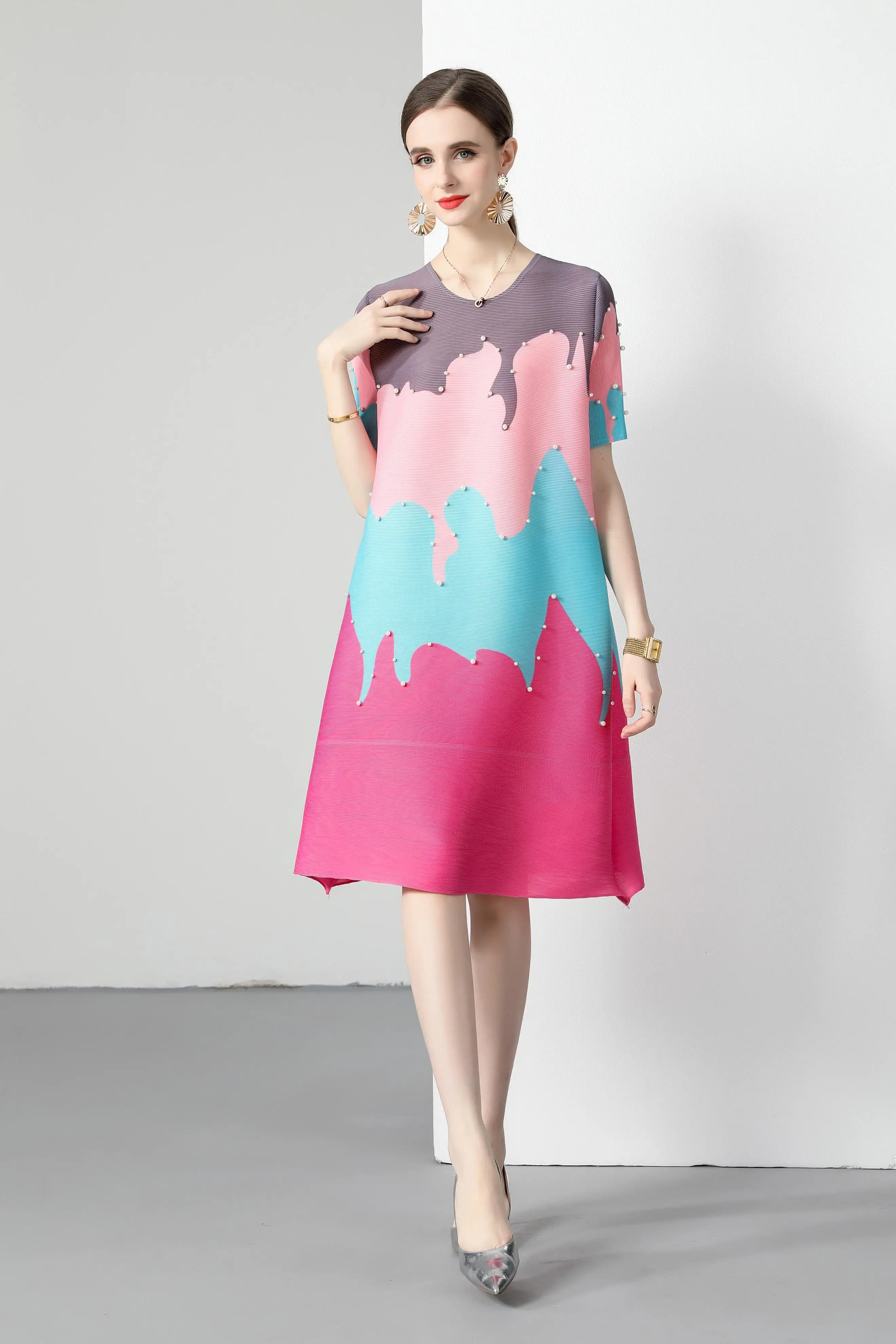 Miyake Pleats Summer Horizontal Pleats 3 Color Ice Cream Print Beaded Dress Sweet and Slim Women's Round Neck A-Line Skirt