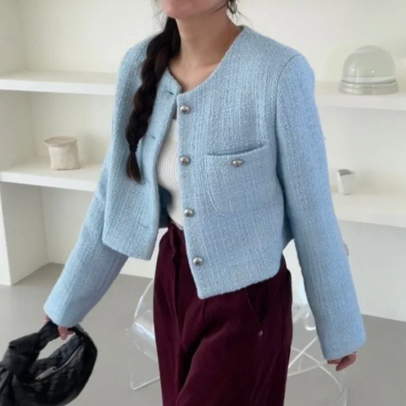 

Women's Slim Cardigan Korean Style Female Short Design Woolen Jackets Autumn Winter Long Sleeve O-neck Button Office Lady Coats