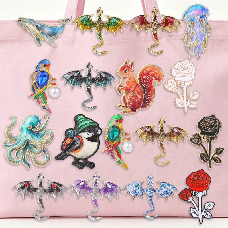 Vintage Rhinestone Dragon Ocean Animal Rose Bird Enamel Badge Fantasy Creature Pin Brooch For Suit Lapel Decor Gift