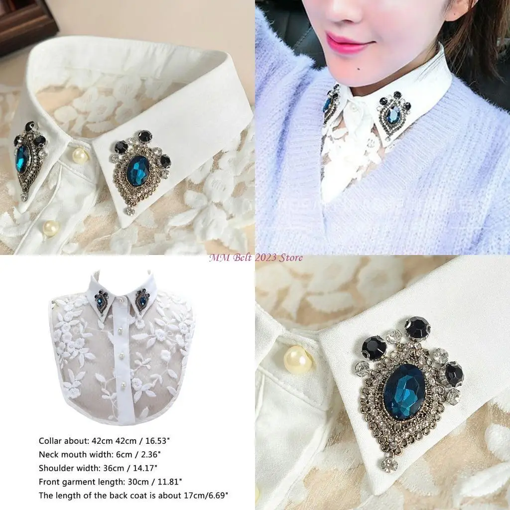 49me-女性フェイククリスタルダイヤモンドラペル取り外し可能なハーフシャツ模造真珠ボタンダウン刺繍花レースフェイク襟