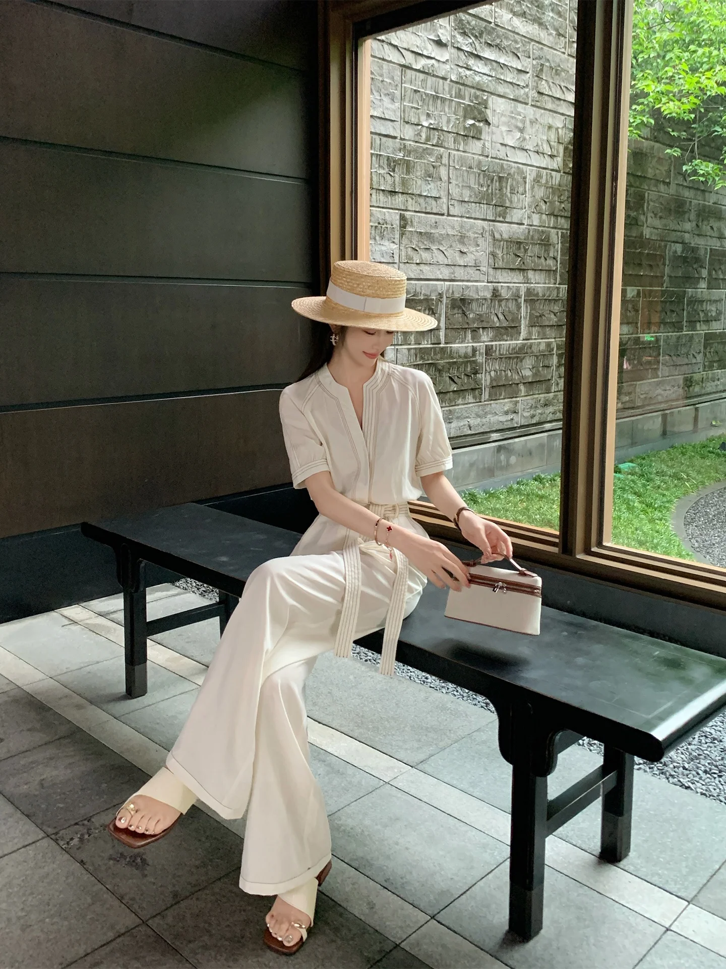 

High Waist Long Pants Jumpsuit Women's Summer Pleated Drapey Shoulder Insert Design Weekend Casual Straight Leg Jumpsuit