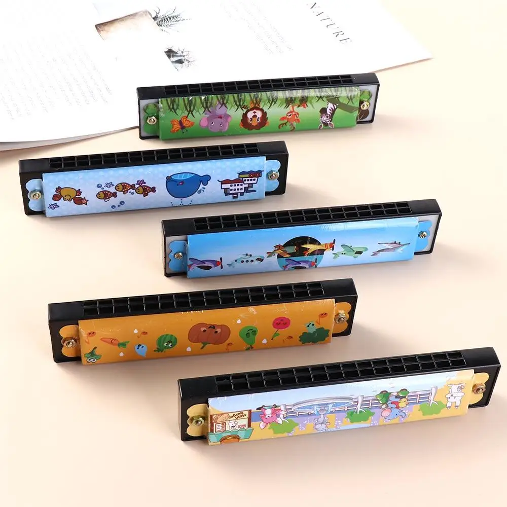 Wind Instrument Metal Painted Harmonica 16 Holes Montessori 16 Holes Harmonica Cartoon Pattern Educational Mouth Organ Beginner