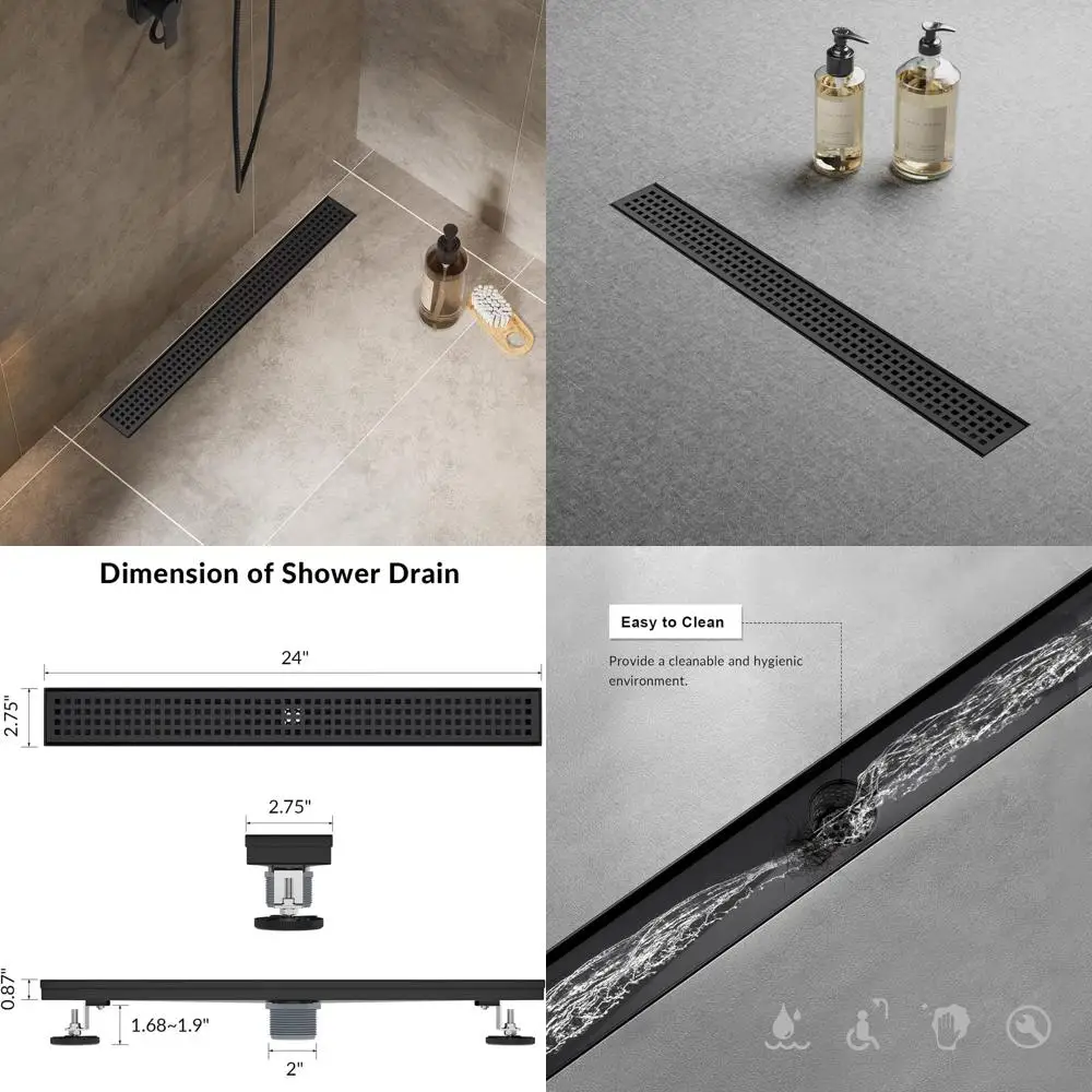 

24 Rectangular Shower Drain with Detachable Grate, Matte Black, Stainless Steel, CUPC Certified, with Leveling Feet and Hair Str