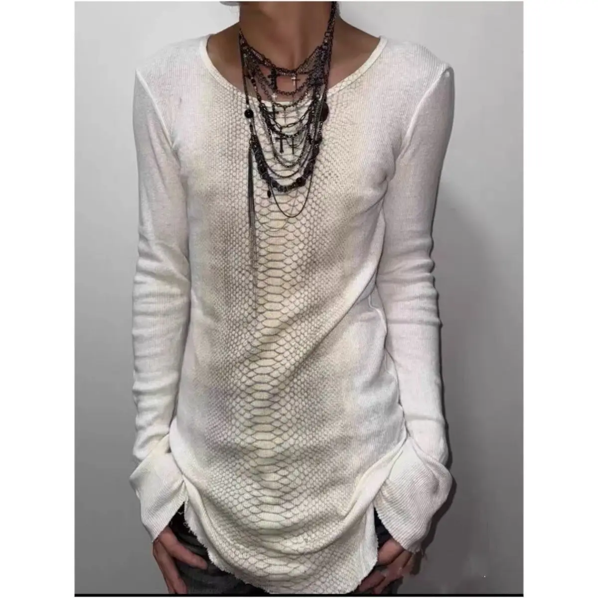 Y2K Snake Skin Print Sheer Mesh Long Sleeve Top Back Cross Slim Fitted Streetwear Grunge Aesthetic Going‑Out Blouse