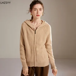 LHZSYY Fall/Winter New 100% Goat Cashmere Zipper Jacket Women's High-end Hooded Knit Cardigan Casual Loose Thick Sweater Coat