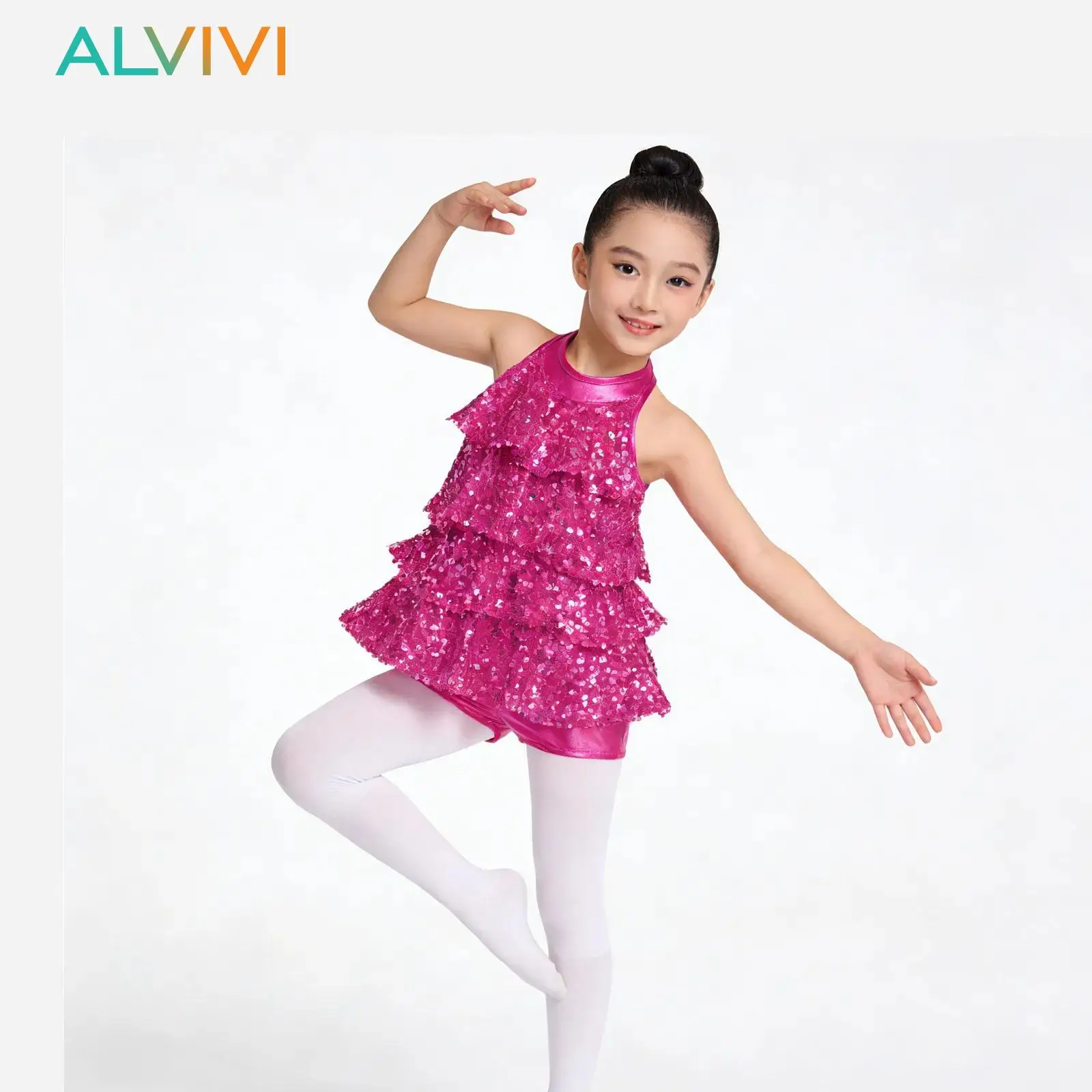 Children Girls Tiered Sequins Glittery Sparkle Jazz Dance Leotard Dress Ballet Dance Shorty Unitard Dress Performance Costume