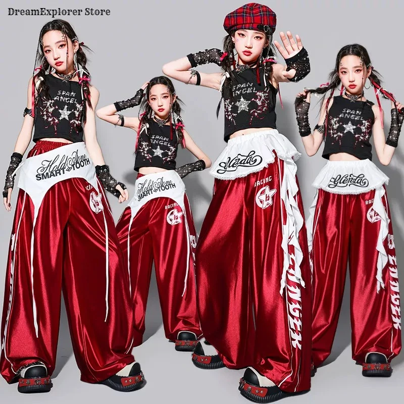 Girls Hip Hop Rhinestone Crop Top Sweat Pants Children K-pop Streetwear Girl Group Clothes Sets Kids Street Dance Jazz Costumes