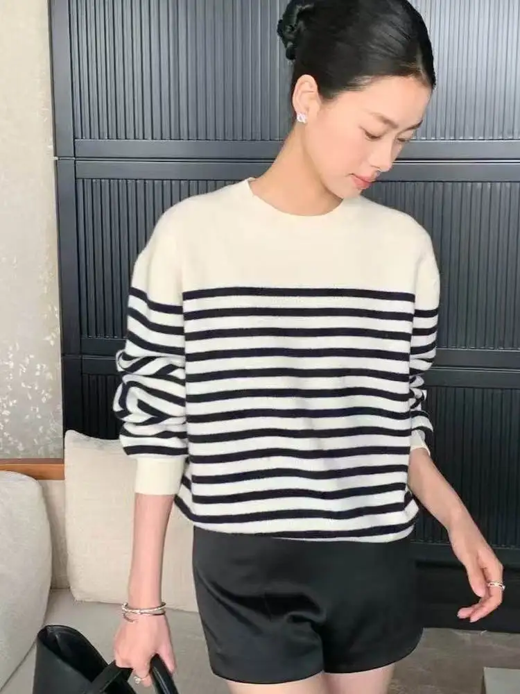 

Женский свободный вязаный шерстяной свитер на осень-зиму, мягкий, в полоску, в стиле французской и корейской моды, теплый, для повседневной носки