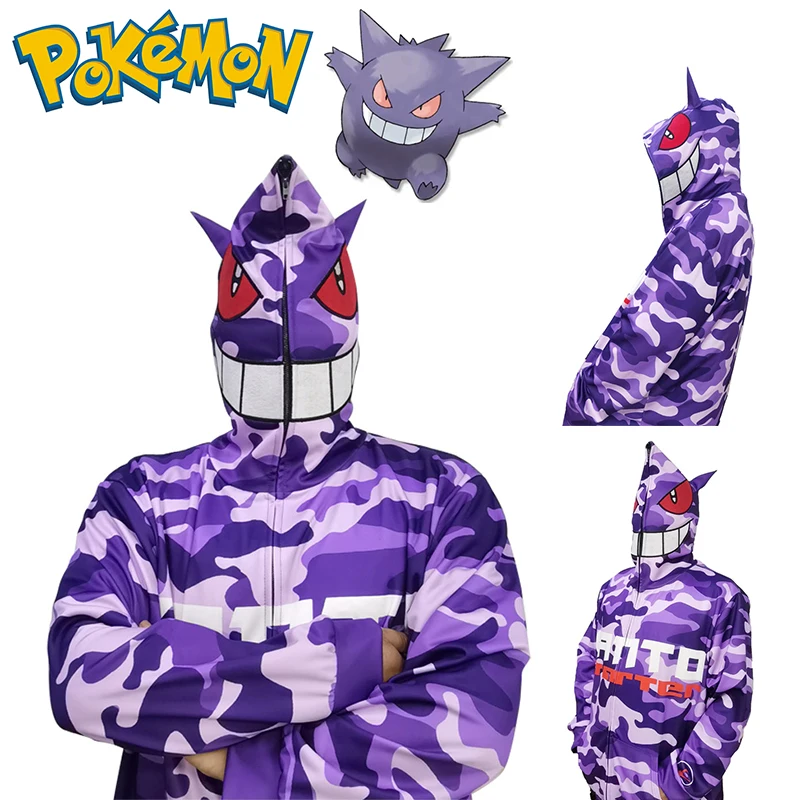 Pokemen Gengar Men Sweatshirt Y2k Demon Letter Print Hoodie Vintage Oversized Zipper Jacket High Quality Harajuku Hoodies Women