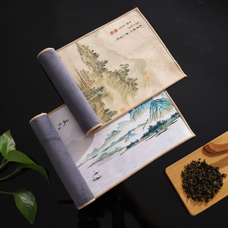 Double-sided Composite Suede Chinese Style Ancient Painting Thickened Absorbent High-grade Tea Towel Tea Ceremony Accessories