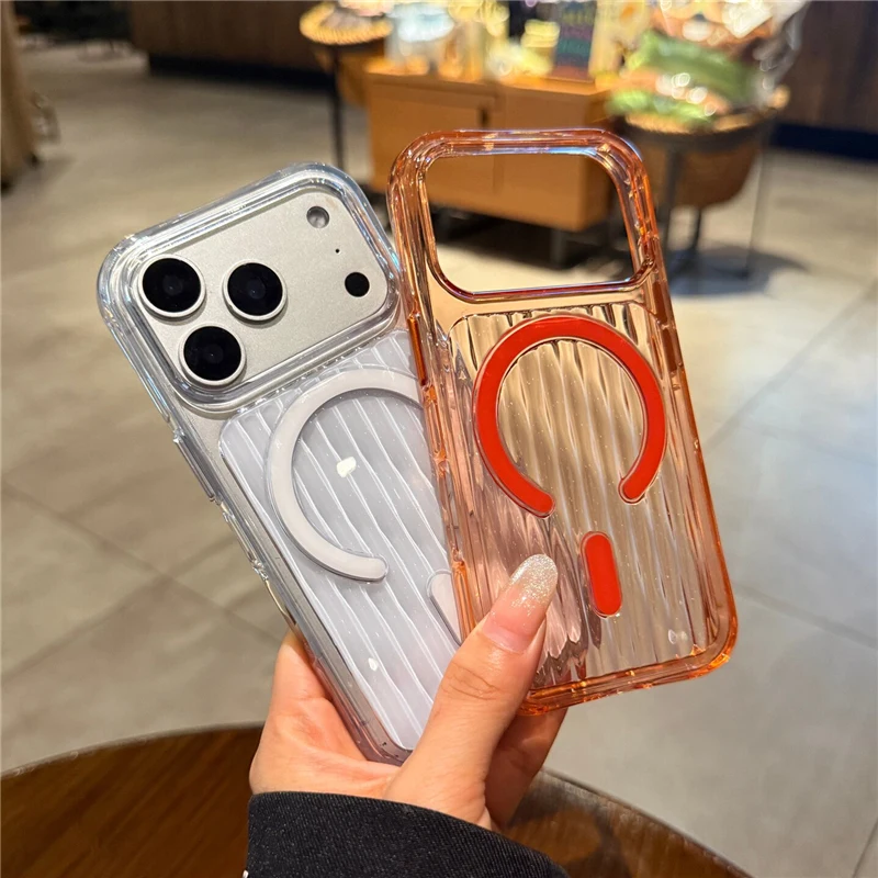 Bling Glitter Corrugated Stripes Cealr Magnetic Case For iPhone 17Pro 16Pro 16 17Pro Max For Magsafe Hard Shockproof Back Cover