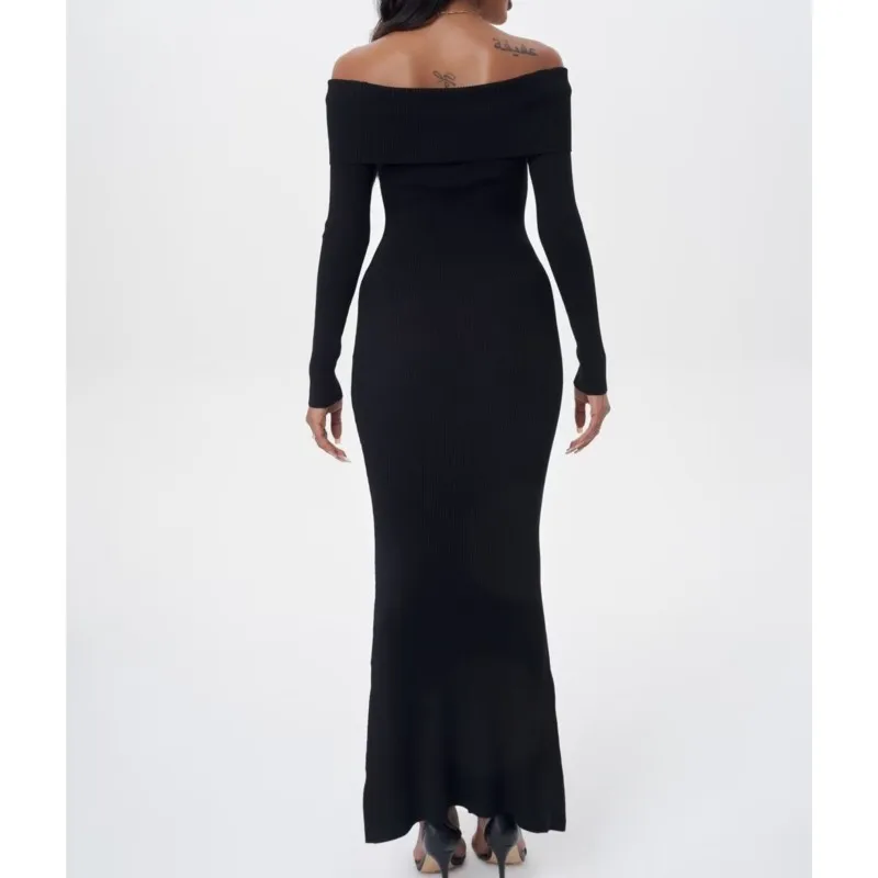 2023 Sexy Revers Off Shoulder Gebreide Lange Zeemeermin Jurk Vrouwen Volledige Mouw Stretch Basis Bodycon Pakket Heupen Fishtail Gewaad