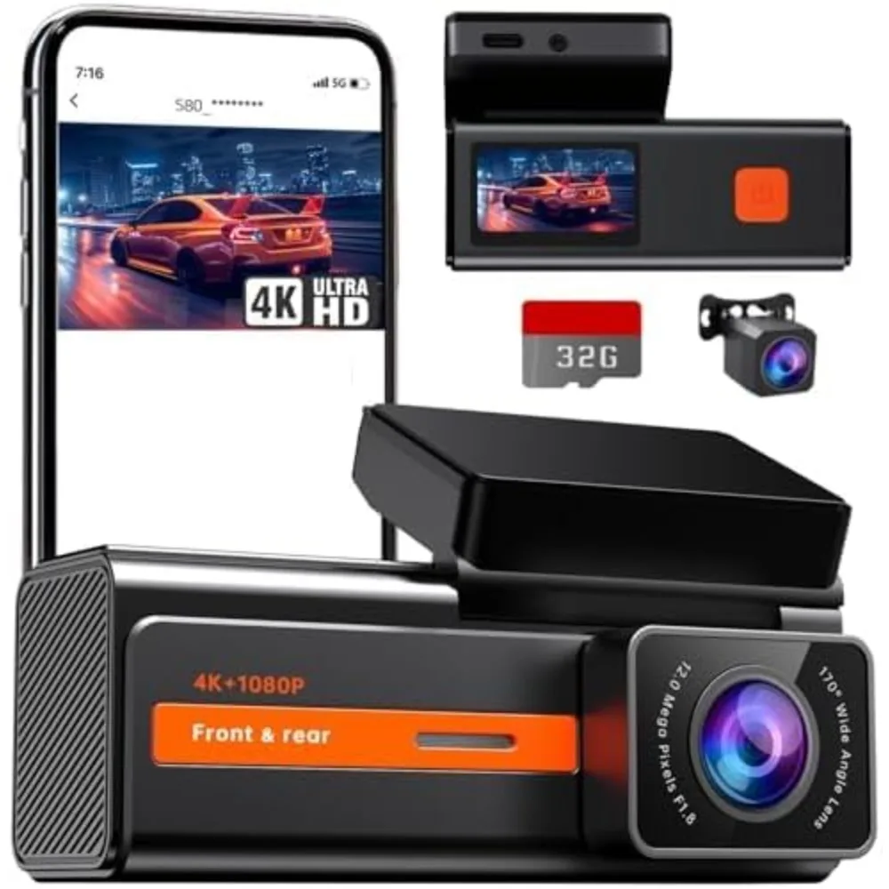 Dash Cam Front and Rear, 4k+1080P Dual Dash Camera for Cars, 1.5” WiFi Mini Dashcam with App, 170°Wide Angle Car Camera, Night V