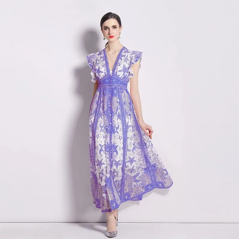 

2023 Summer Women Runway Vintage Designer V Neck Sleeveless Ruffles Chiffon Flower Printed Casual Holiday Maxi Dress