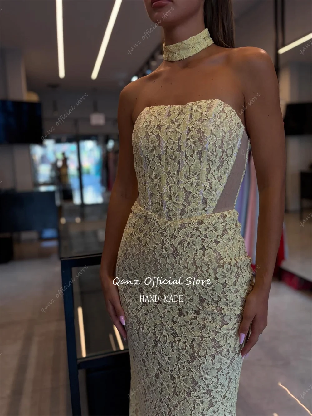 Qanz Yellow Full Lace Evening Dresses Women Elegant Mermaid Wedding Guest Dresses Classy High Slit Vestidos De Fiesta Customized