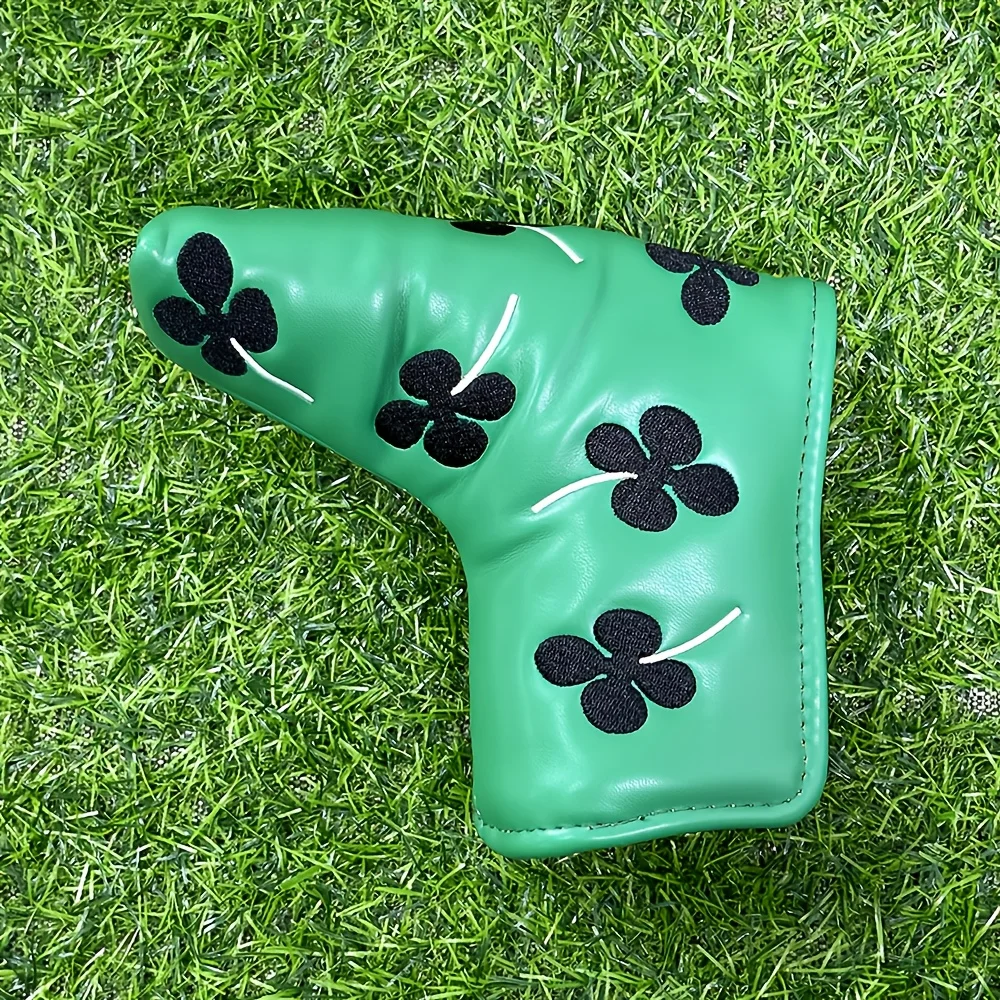 Couvre-tête de Putter de Golf imperméable en PU Durable, 1 pièce, avec conception de trèfle à quatre feuilles et fermeture à bande magique, vert herbe avec noir