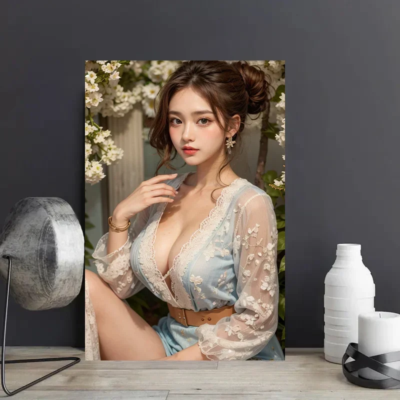 HD Metal Tin Sign Elegant Asian Woman in Light Blue Lace Floral Dress White Blossom Garden Scene Vintage Wall Art Plaque Retro 2