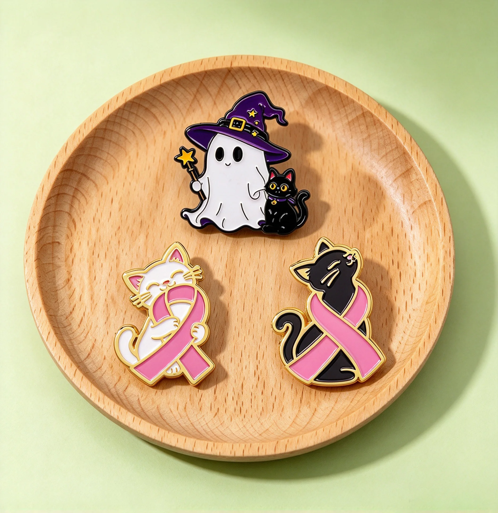 Kawaii Pink Ribbon Cats Ghost Witch Enamel Brooch with Wand Badge for Backpack Hat Jacket Clothes Bag Decor Accessories Friends