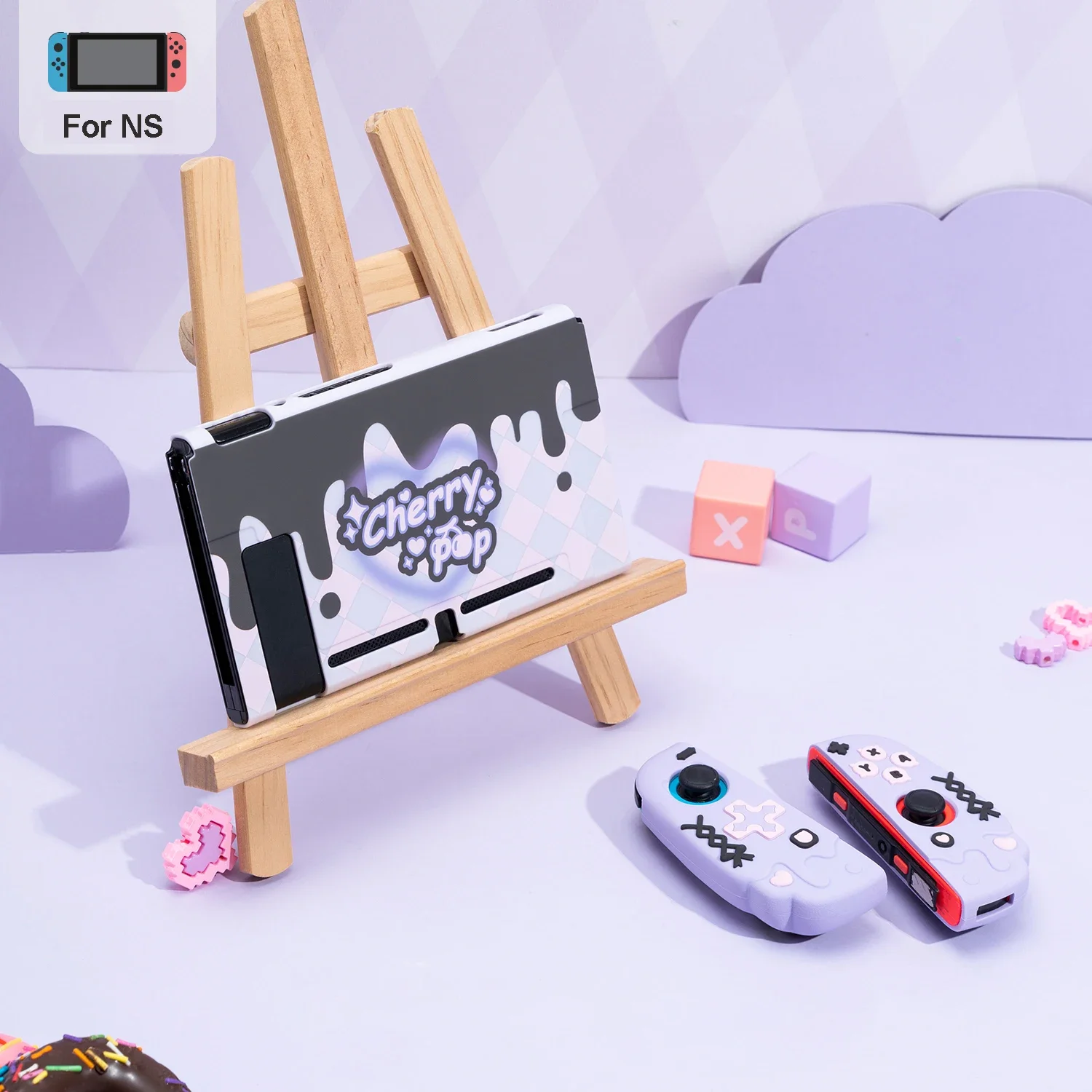 GeekShare Custodia protettiva in silicone Cherry Pop compatibile con Nintendo Switch/OLED, Cover JoyCon con 1 paio di impugnature per pollice viola